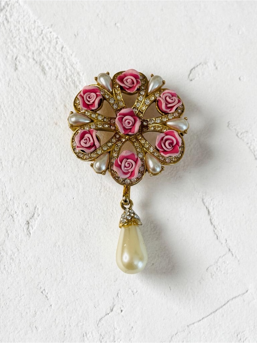 Vintage Avon Pink Rose & Pearl Drop Brooch - Women Jewelry